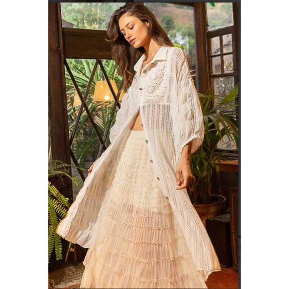 POL Cream Pearl Beaded Ruffle Tiered Tulle Maxi Skirt - Picture 8 of 11